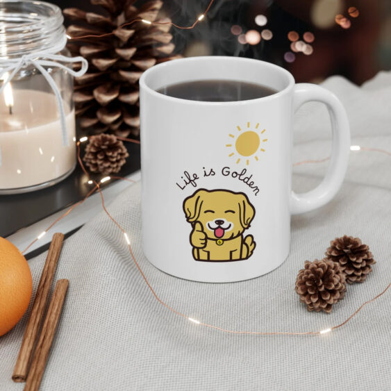 Life is golden coffee mug on table